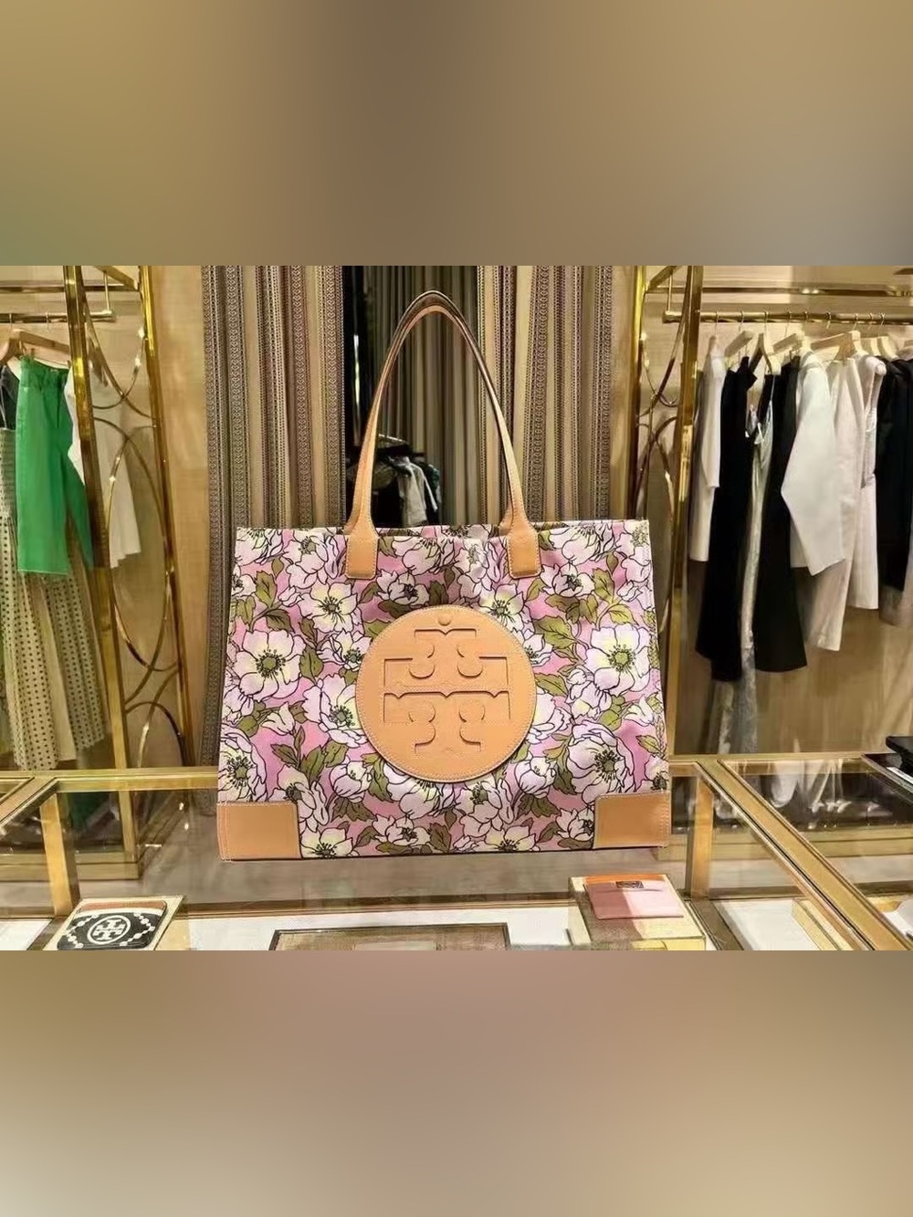 Tory Burch Ella Printed Tote Floral Recycled Polyester Aster Pink Flower NWT - Picture 3 of 5